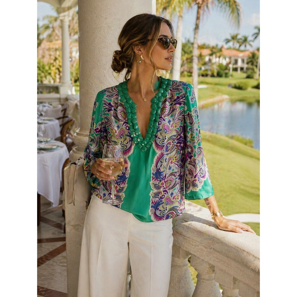 Tibi Silk Paisley Beaded Tunic Top Green Pink Size 10 Vacation Summer Florida